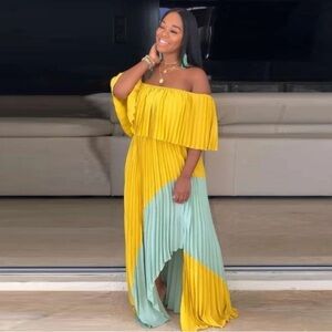 Adogirl Kleur Patchwork Maxi Geplooide Jurk Elegante Vrouwen Slash Hals Rufflle